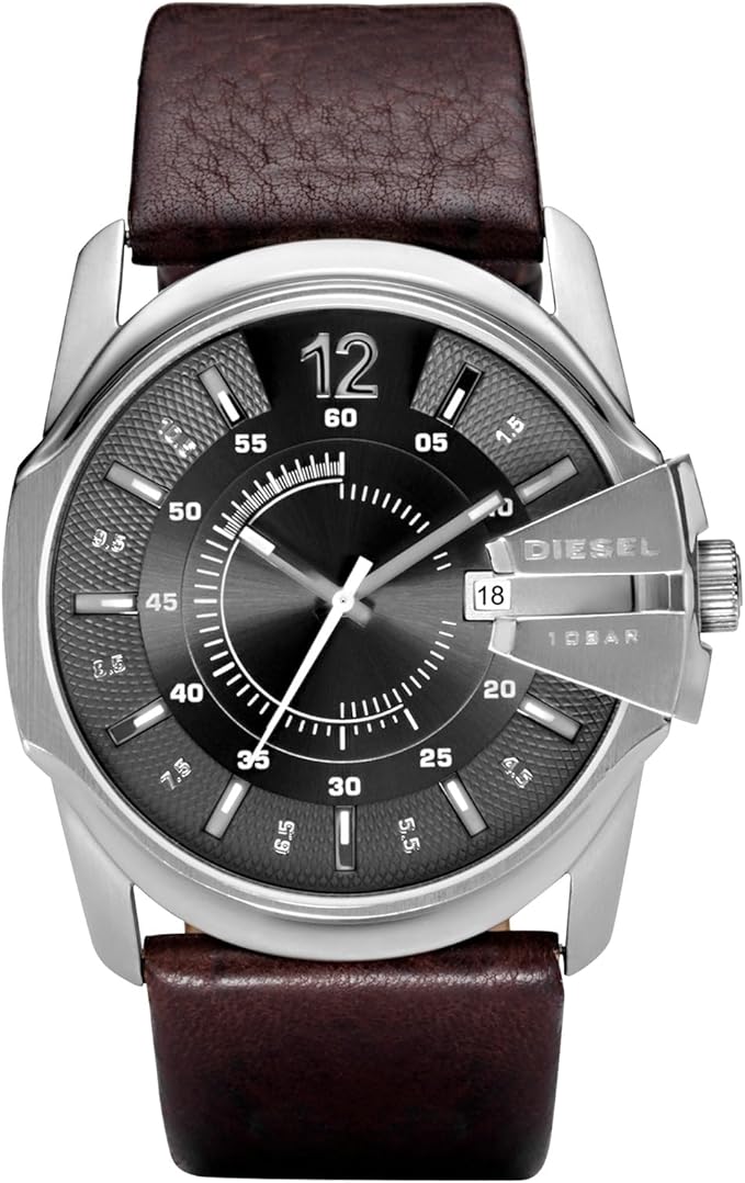 Diesel Master Chief Stainless Steel and Leather Three-Hand Analog Men's Watch, Color: Silver, Brown (Model: DZ1206)